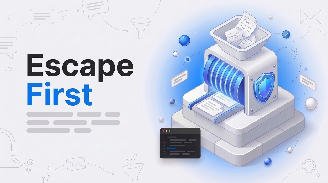 Blog thumbnail reading Escape First: isometric funnel machine turns crumpled sheets into clean cards on a tray.