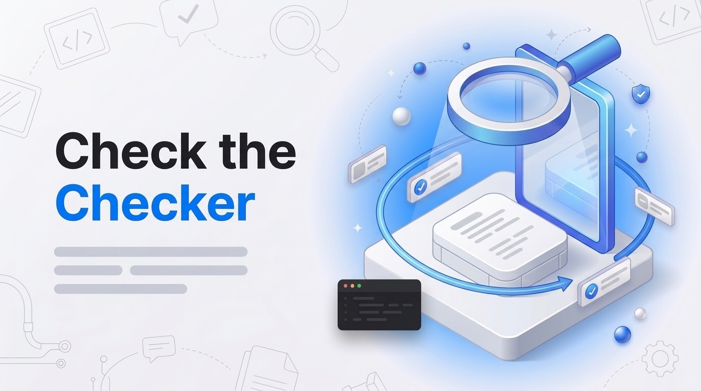 Bold words Check the Checker beside an isometric code block, mirror, magnifying lens and floating checklist tiles.