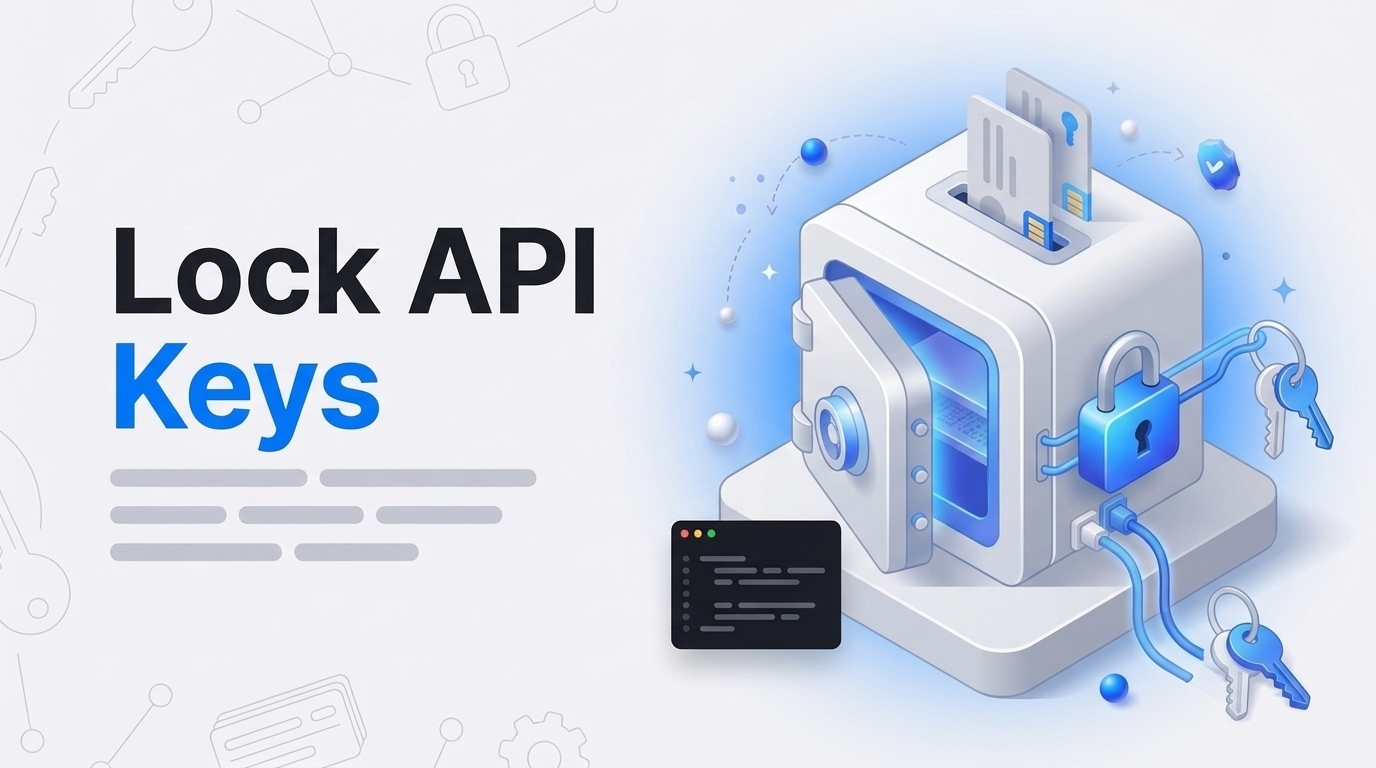 Thumbnail with the words Lock API Keys beside an isometric server vault with a blue padlock and floating key cards.