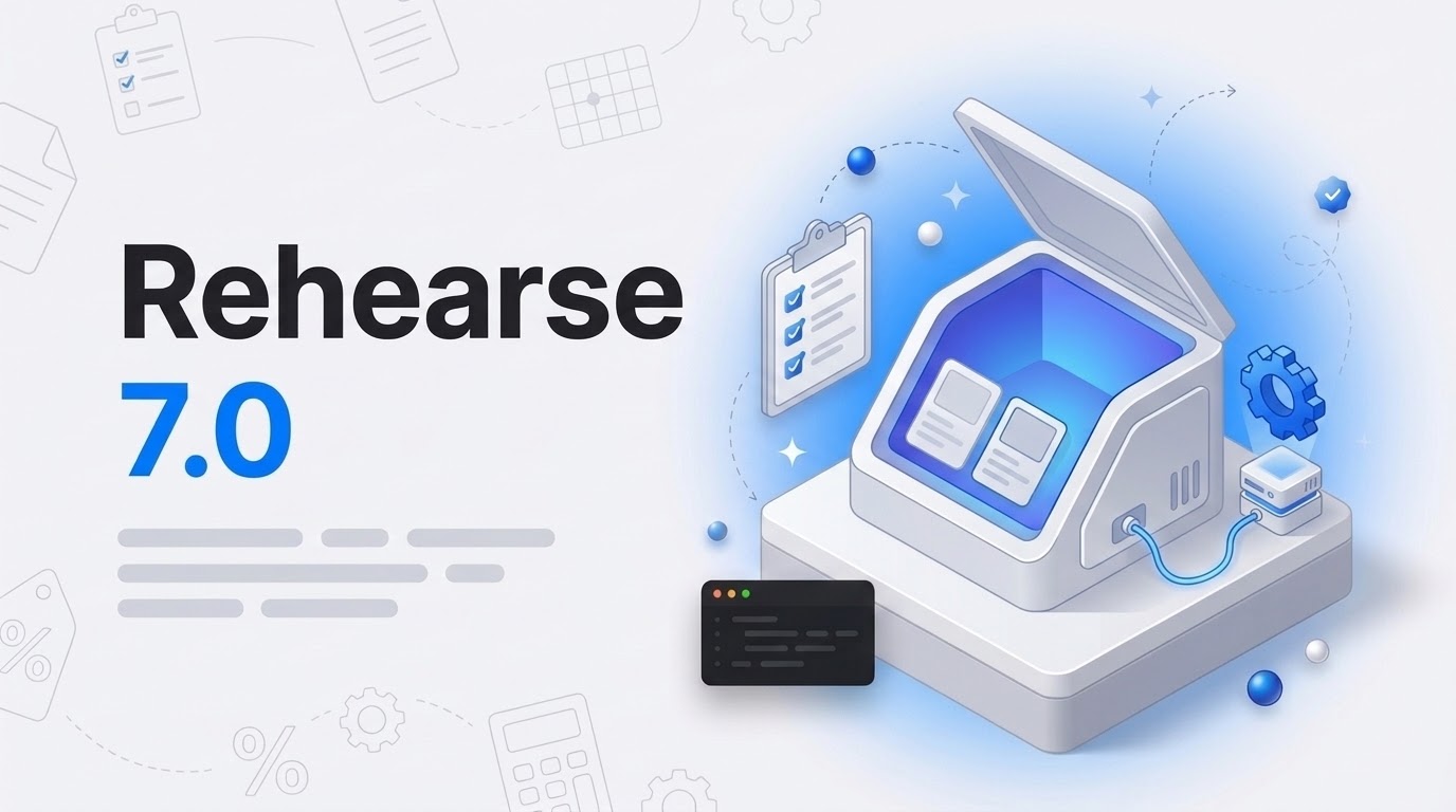 Isometric staging machine with open panel, floating checklist clipboard and a small gear, beside the words Rehearse 7.0.