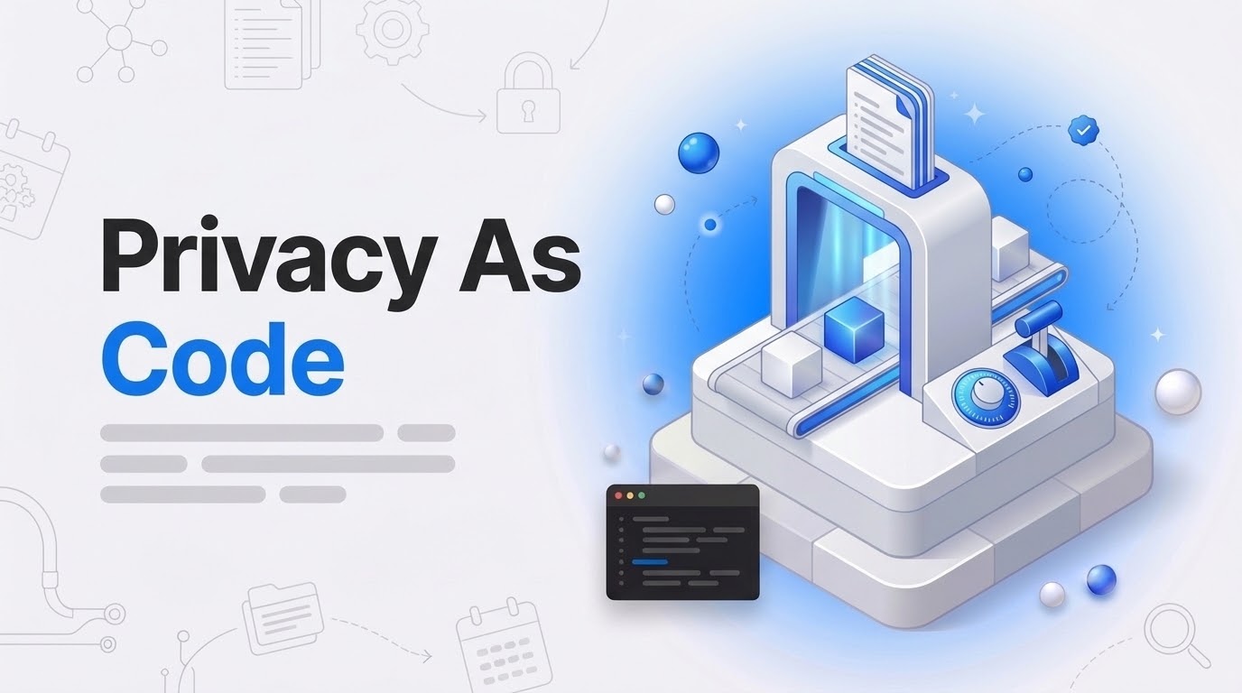 The words Privacy As Code beside an isometric checkpoint gate where data cubes pass through on a track.