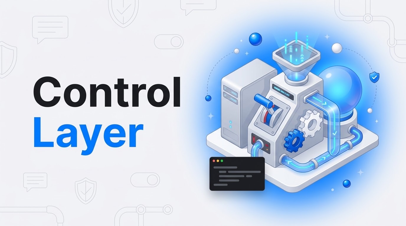 Thumbnail with the words Control Layer beside an isometric console of pipes, switches and gears guiding a glowing orb.