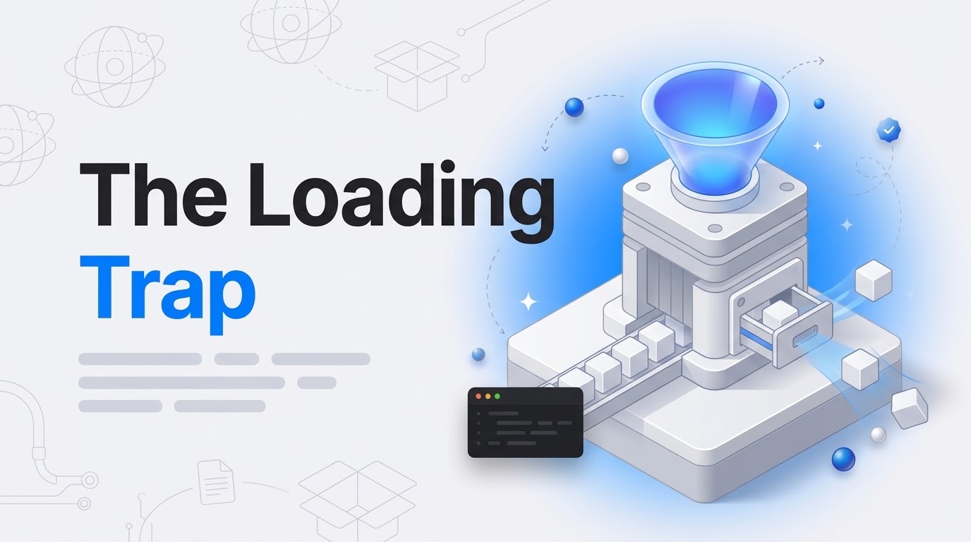 Big bold text reads The Loading Trap beside an isometric checkpoint gate with queues of white data cubes and a blue funnel.