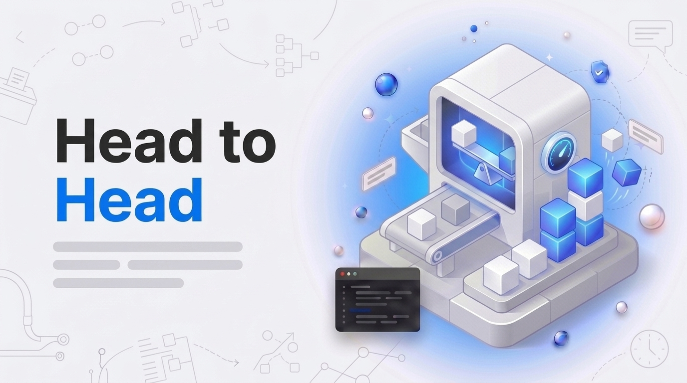 Bold text Head to Head beside an isometric machine sorting cubes into a ranked column with a balance beam and dial.
