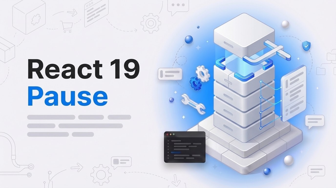Thumbnail reading React 19 Pause beside an isometric block stack, a lifted block under a scanning frame and small gears.