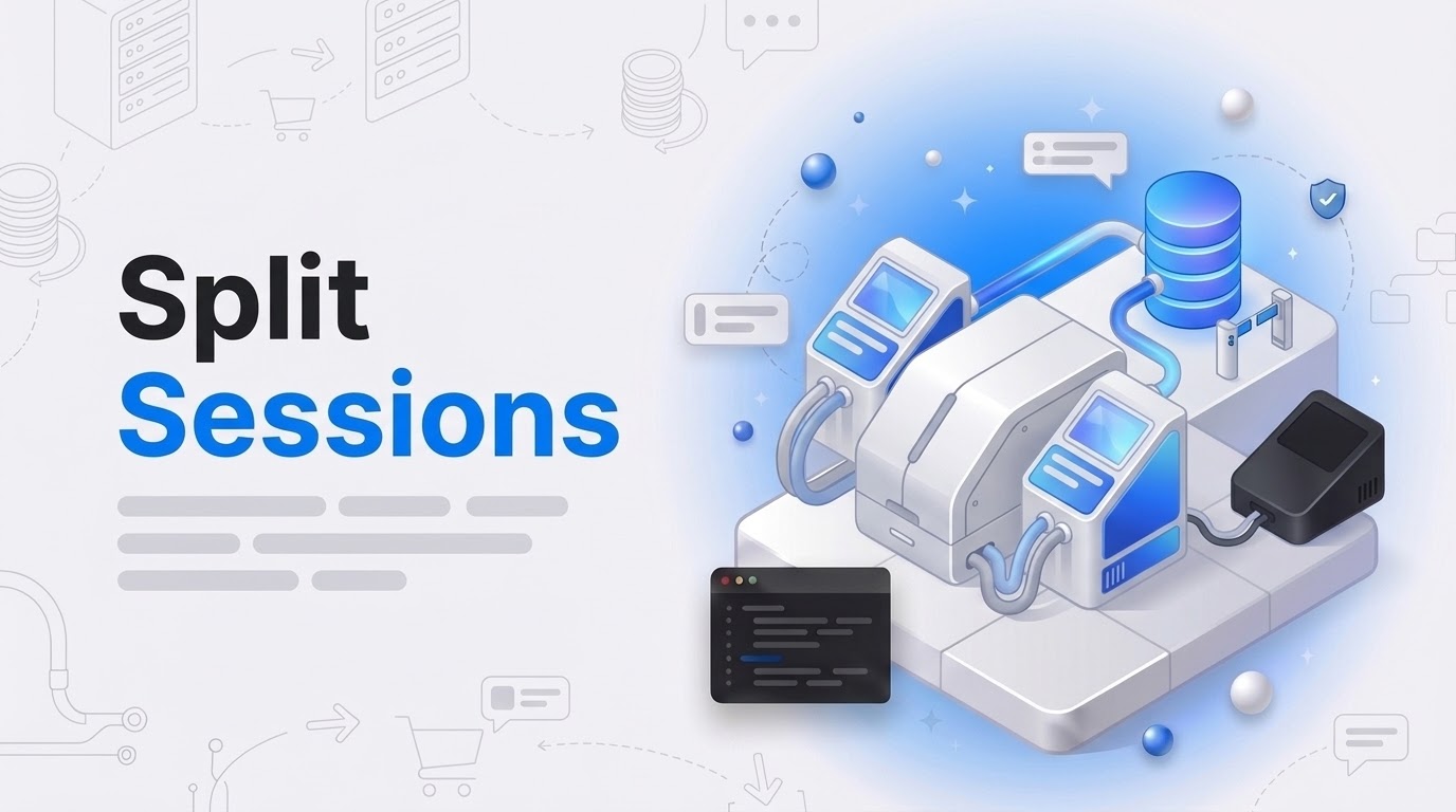 Bold text reading Split Sessions beside an isometric hub with two consoles linked to one shared database cylinder.