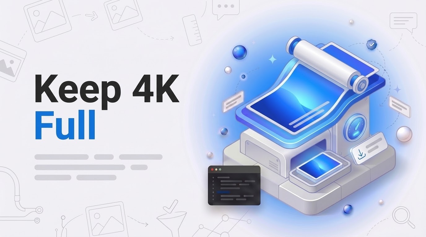 Keep 4K Full: an isometric press trims a canvas copy while a full-size panel passes untouched on a bypass track.