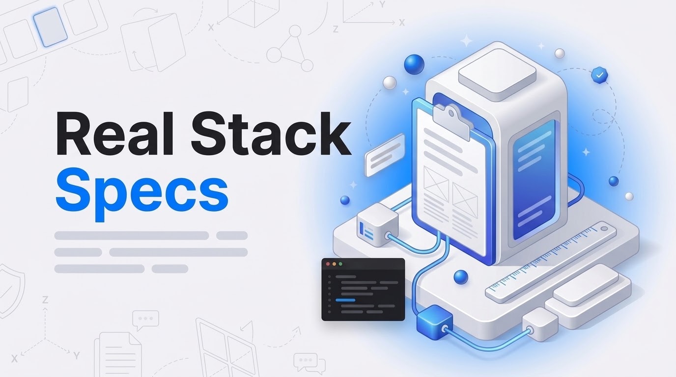 Big text Real Stack Specs next to an isometric server block with a blueprint clipboard clamped to it.