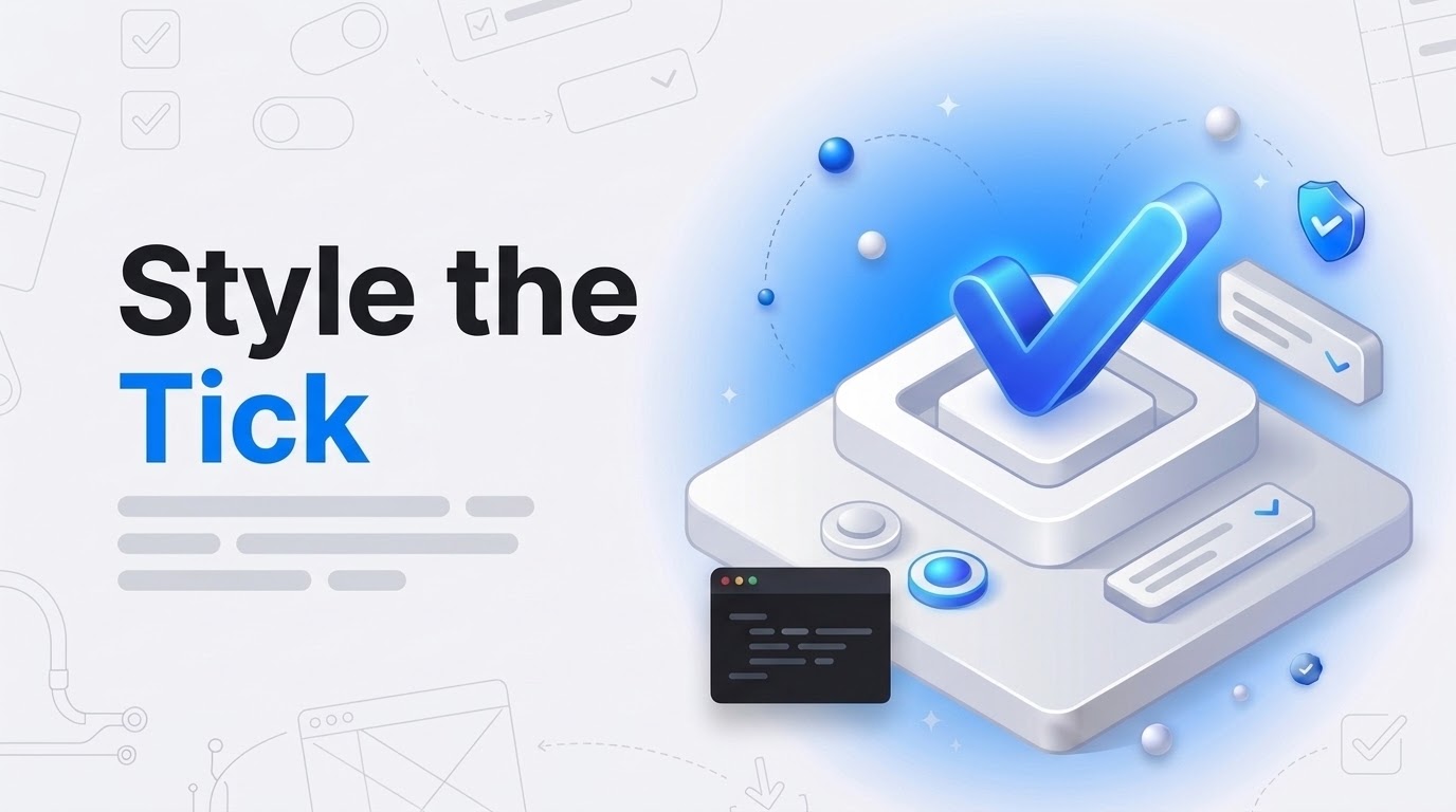 Bold text reading Style the Tick beside an isometric white checkbox with a blue gradient tick and small floating controls.