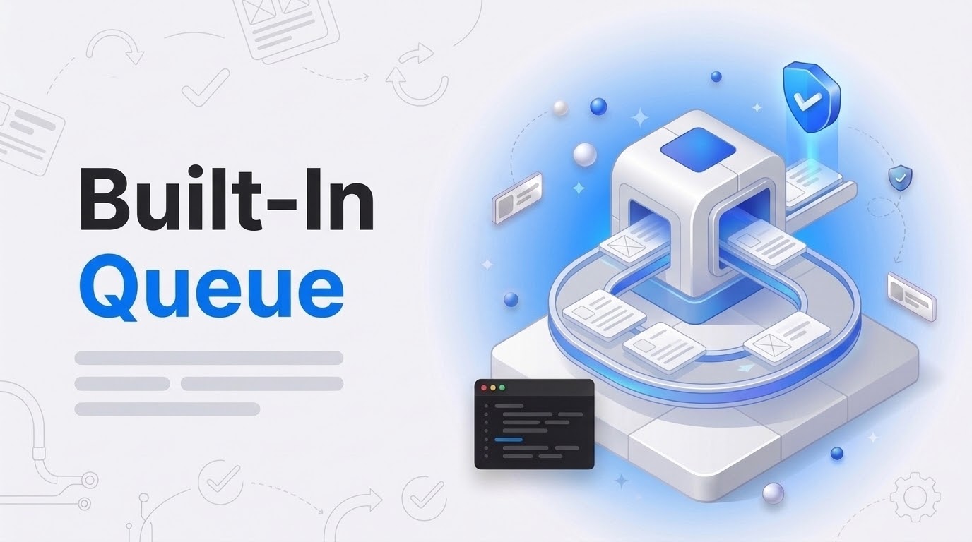 Built-In Queue: isometric conveyor loop feeding product cards one at a time into a gray machine with a blue core.