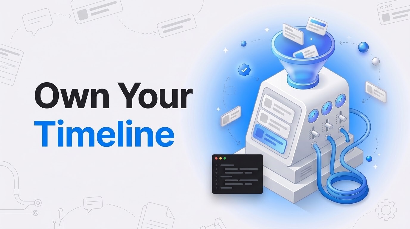 Bold text reading Own Your Timeline beside an isometric console machine funneling message tiles into a timeline stack.