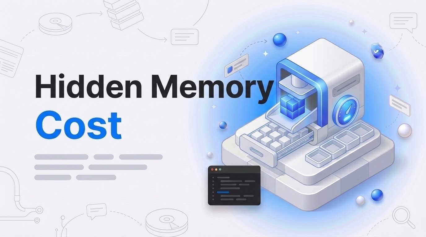 Isometric press squeezing vector blocks beside the words Hidden Memory Cost, with full copies stored in a drawer below.