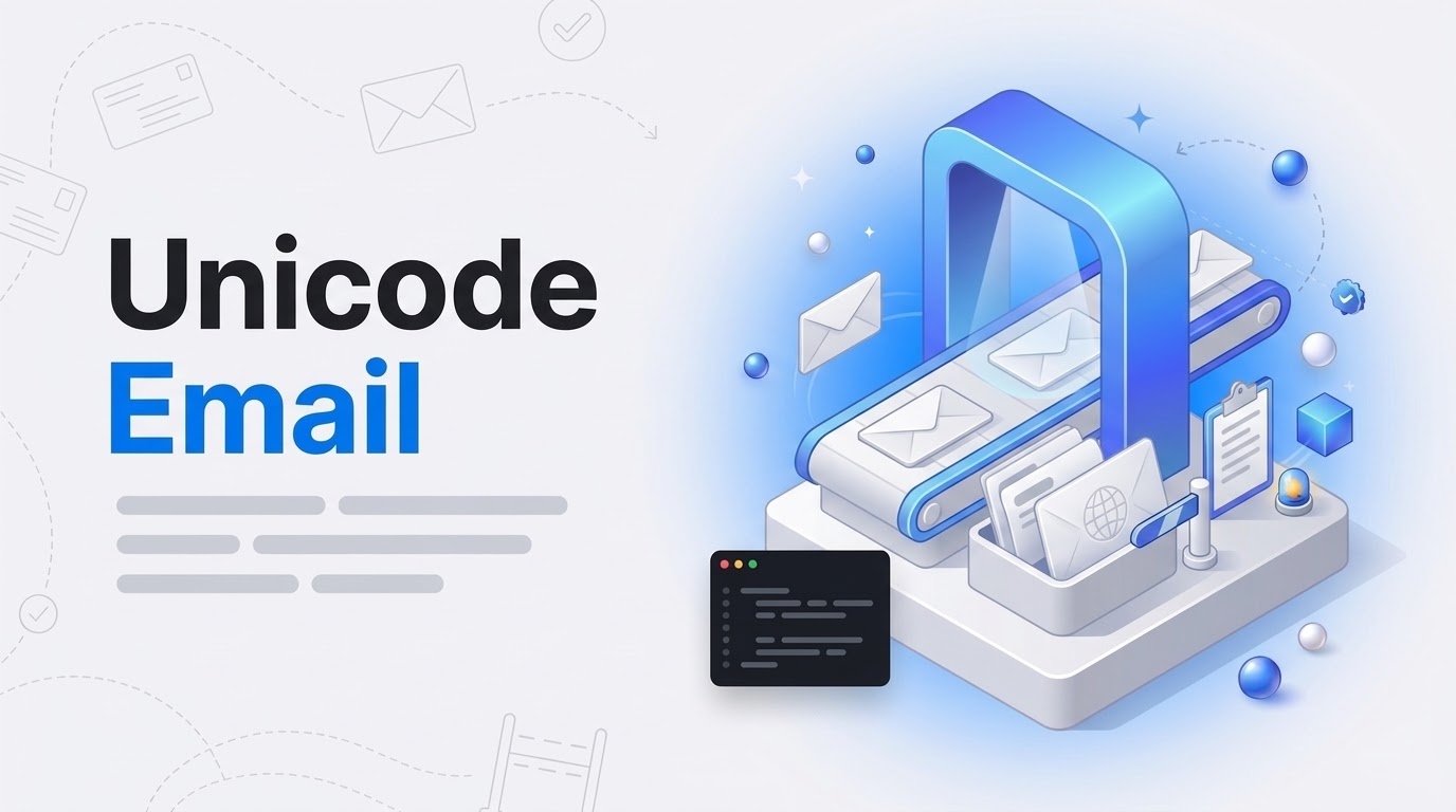 Big bold words 'Unicode Email' beside an isometric mail sorting gate holding back one globe-patterned envelope.