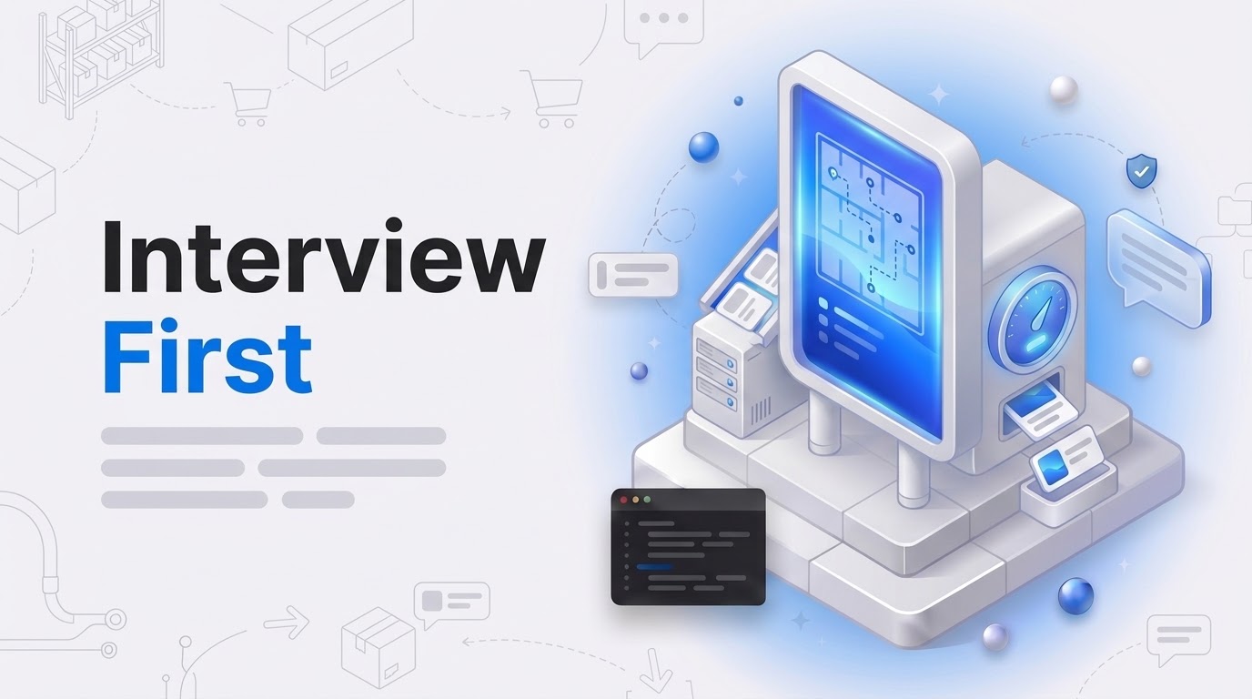Bold text Interview First beside an isometric dispatch console, a chat bubble and faint route lines in the background.