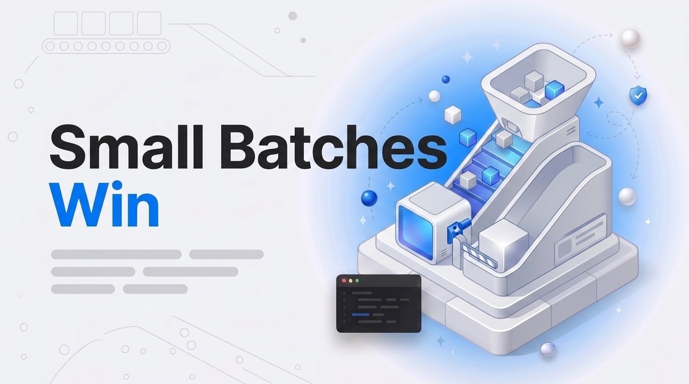 Blog thumbnail with the words Small Batches Win and an isometric hopper dropping cube clusters down a ramp into a machine.
