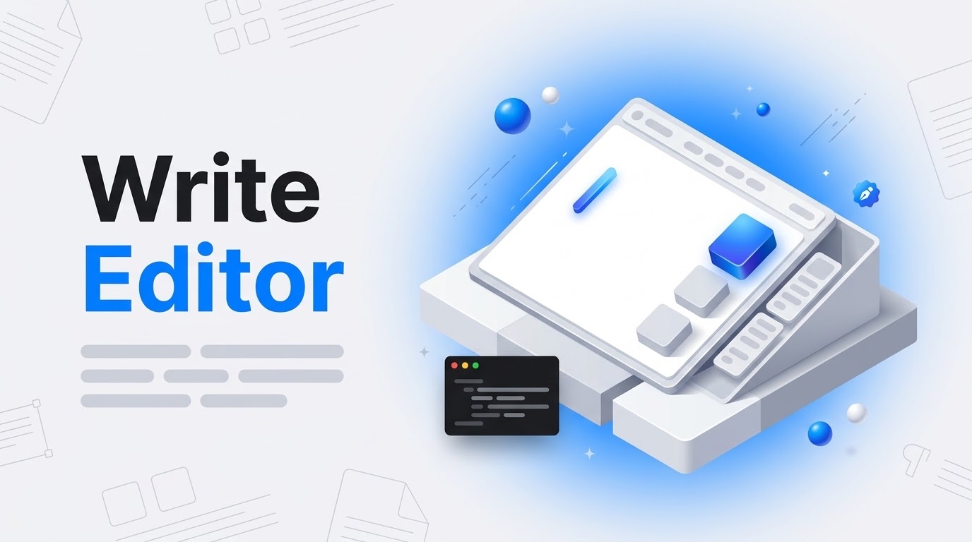 Bold text Write Editor beside an isometric white writing console with extra toolbars sliding away on a chute.