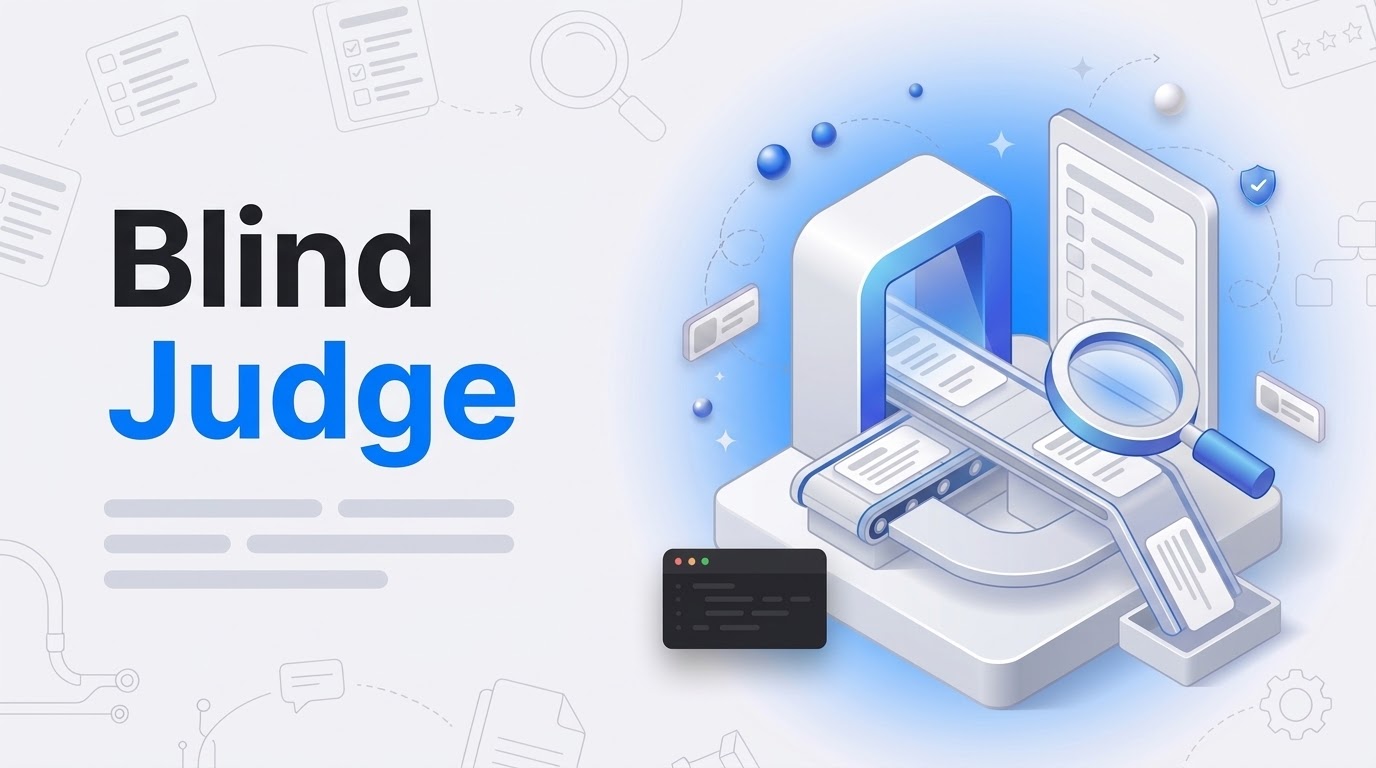 Isometric grading machine scanning cards past a blank checklist, with the hook words Blind Judge in bold blue letters.