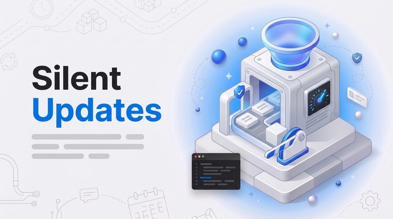 The words Silent Updates beside an isometric update machine, site tiles on a conveyor, one block waiting at a gate.