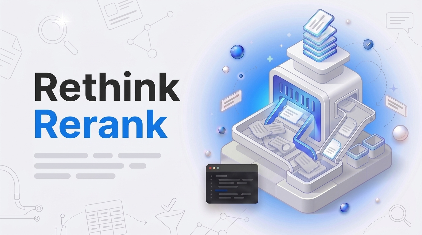 Bold text reading Rethink Rerank beside an isometric sorting machine lifting a few product cards onto a top shelf.