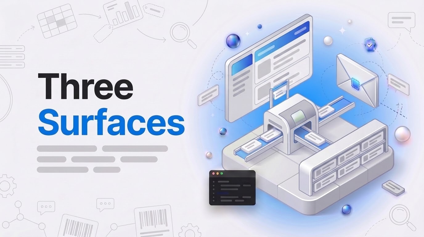 Three Surfaces: an isometric sorting console sends report cards to a dashboard panel, an envelope, and an orders shelf.