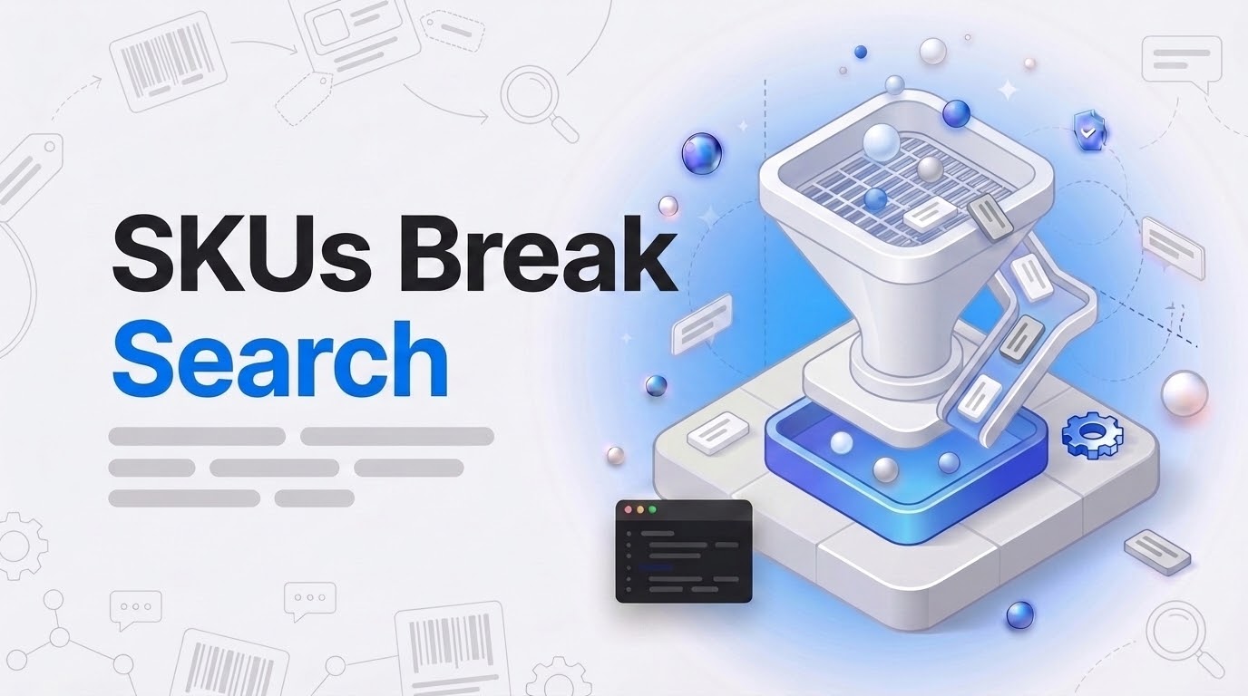 Big text SKUs Break Search next to an isometric white sieve where blobs pass through and tag chips fall out.