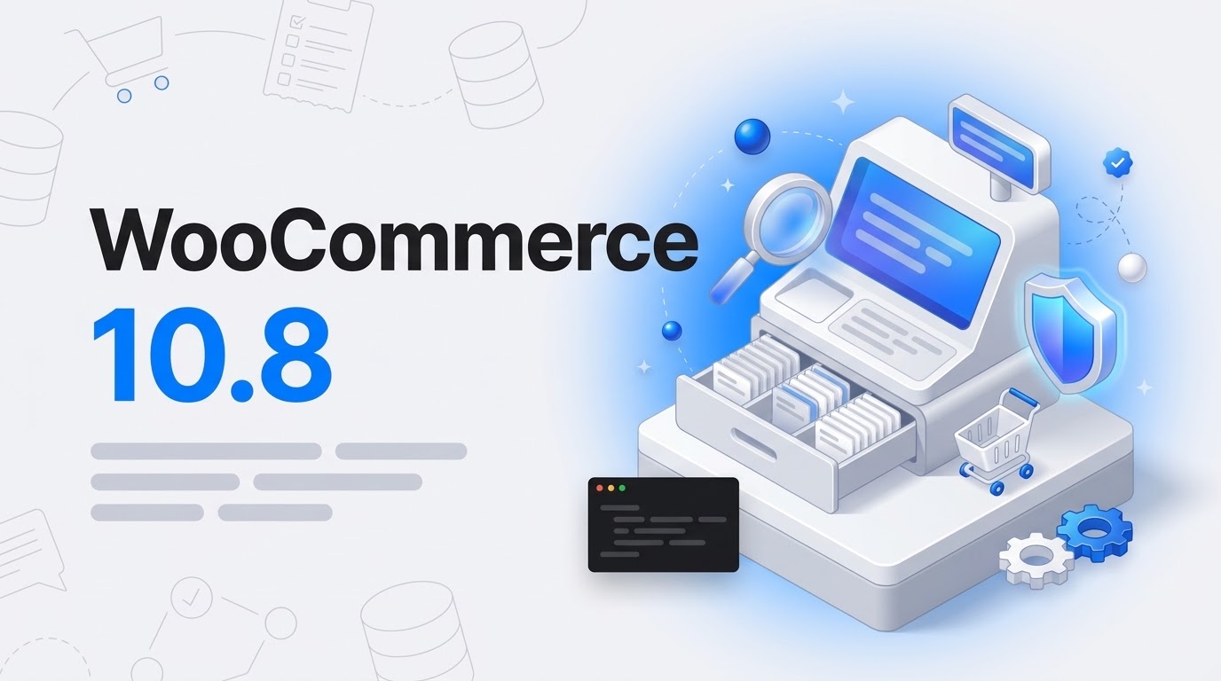 WooCommerce 10.8 headline beside an isometric cash register with open drawer, shield, gears and cart icons.