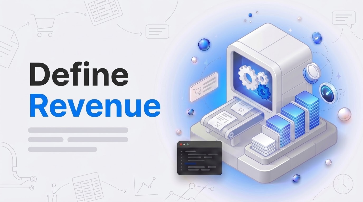 Thumbnail with the words Define Revenue beside an isometric machine turning receipt cards into tidy ledger columns.