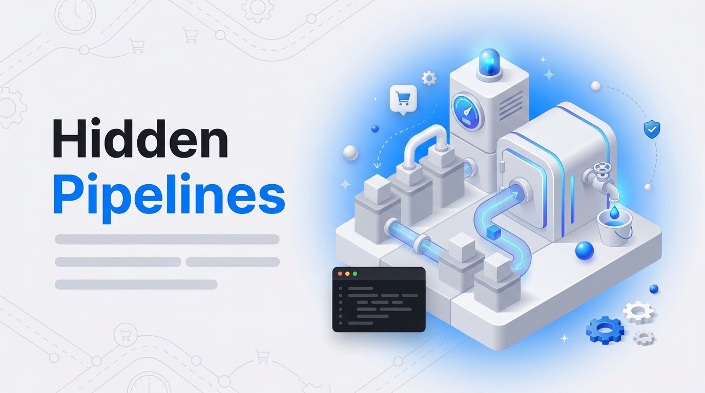 Hidden Pipelines hook beside an isometric tube machine moving blue flow from gray blocks into a vault.