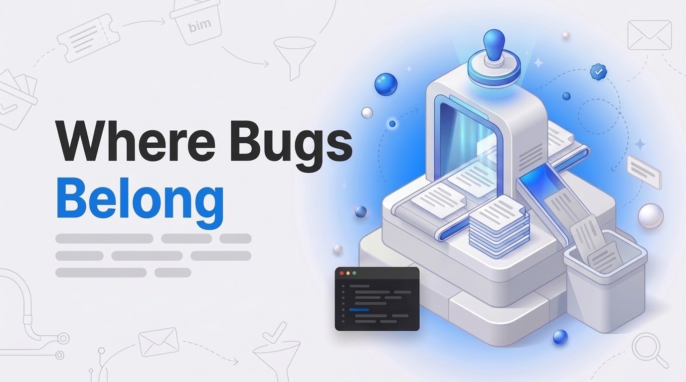 Bold text reading Where Bugs Belong beside an isometric sorting machine filing report cards into open and closed trays.