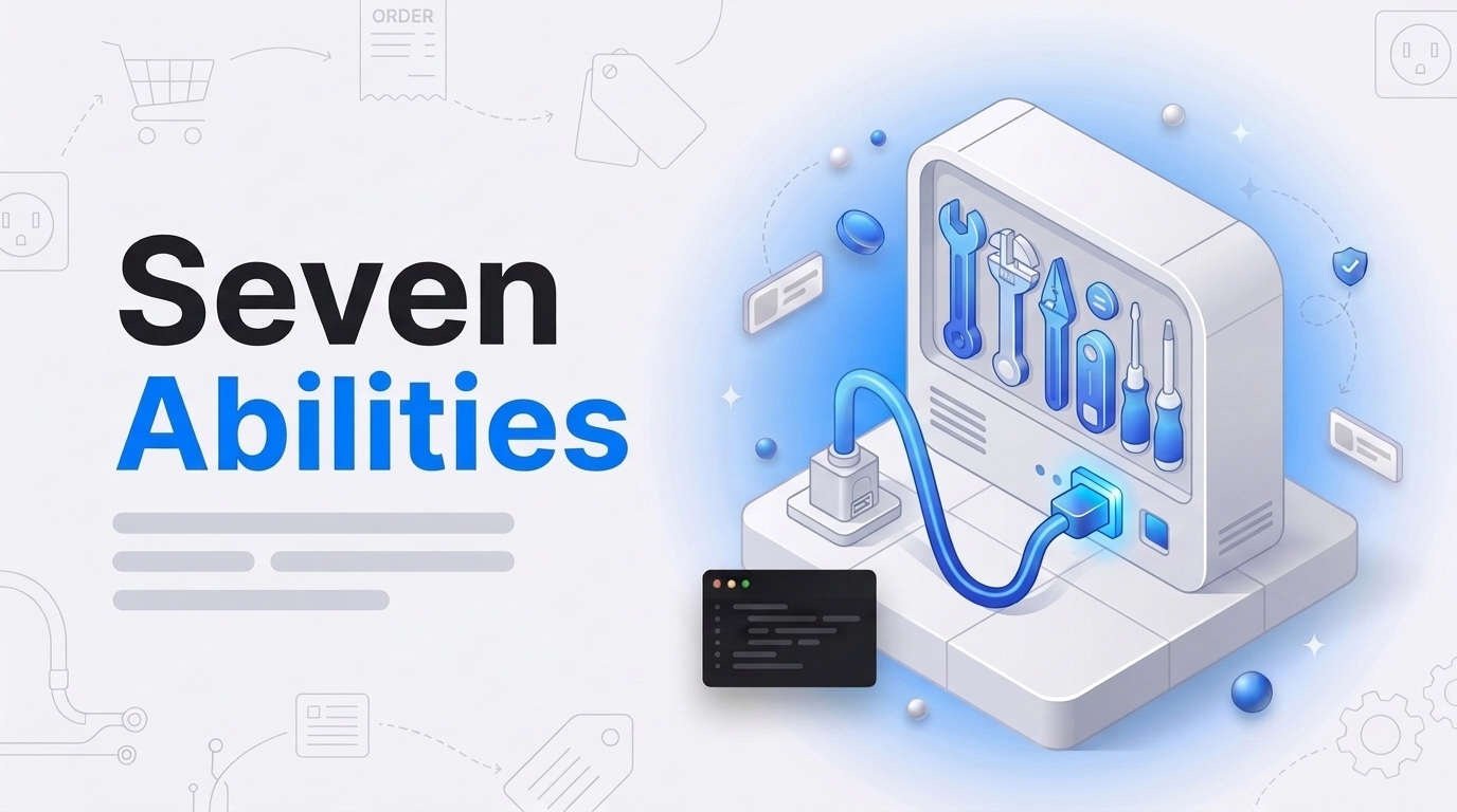 Seven Abilities in bold letters beside an isometric tool rack with a cable moving from an old port to a new socket.