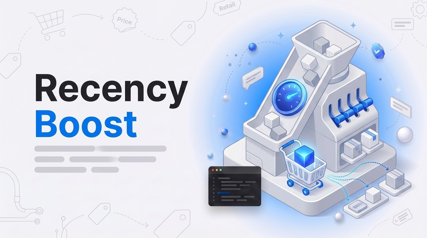 Bold text Recency Boost beside an isometric machine sorting product cubes into a small shopping cart.
