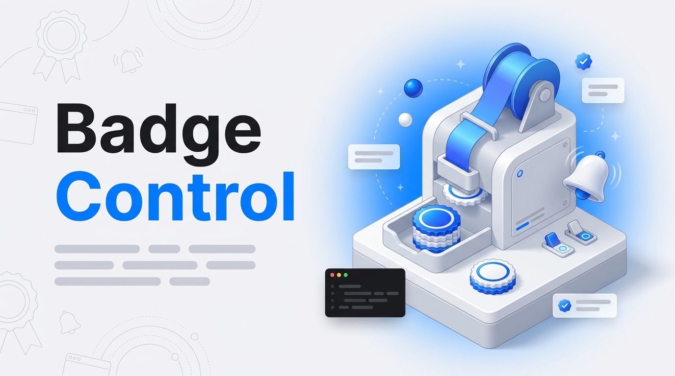 Badge Control: isometric badge machine with rosette ribbons, a bell and toggle switches on a blue gradient background.