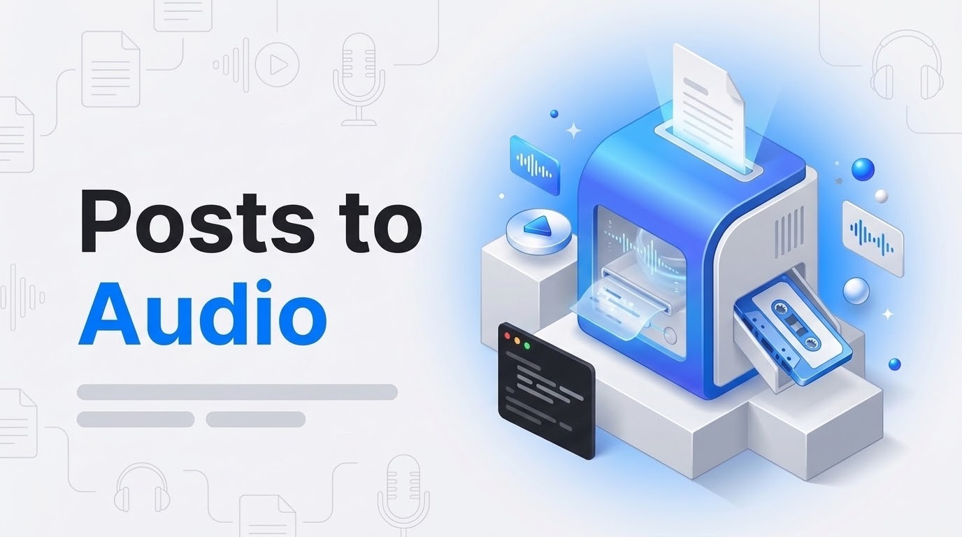 Posts to Audio: an isometric machine turns a page into a cassette, with floating sound wave tiles around it.