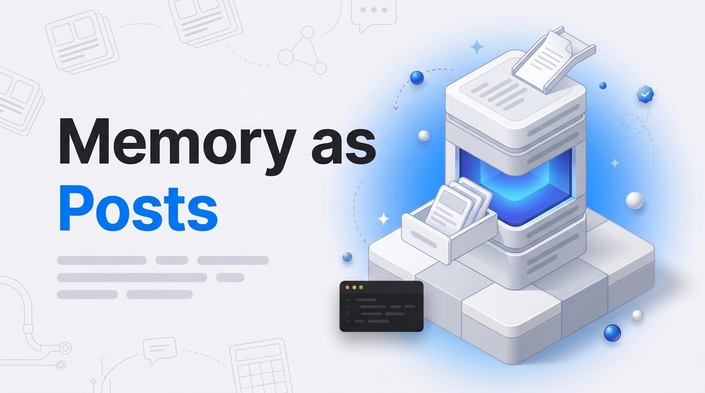 Bold hook reading Memory as Posts beside an isometric archive machine storing memory cards in a white post stack.