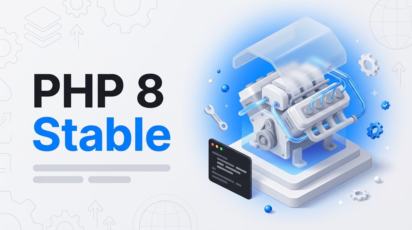 Bold text PHP 8 Stable next to an isometric engine with its translucent shell lifting off, gears floating around.