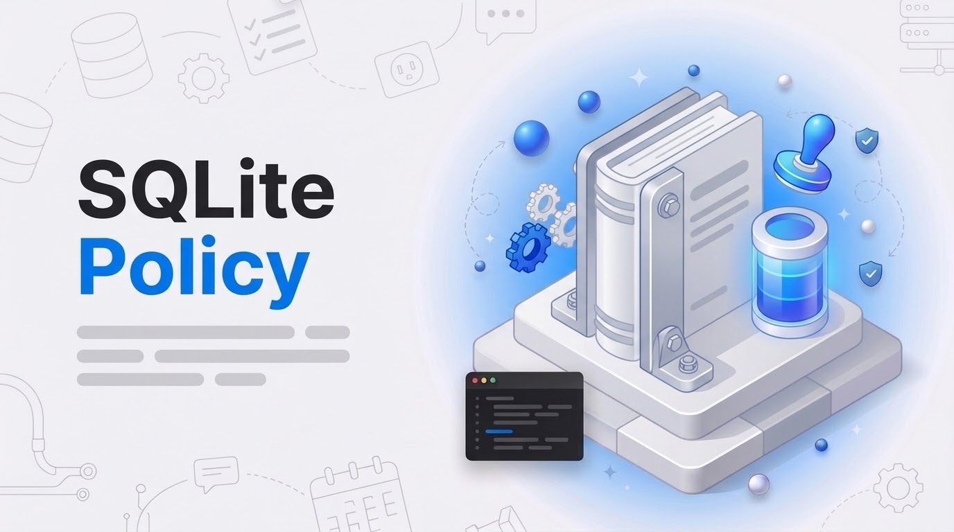 Bold text reading SQLite Policy next to an isometric bound ledger clamped in steel plates beside a blue database cylinder.