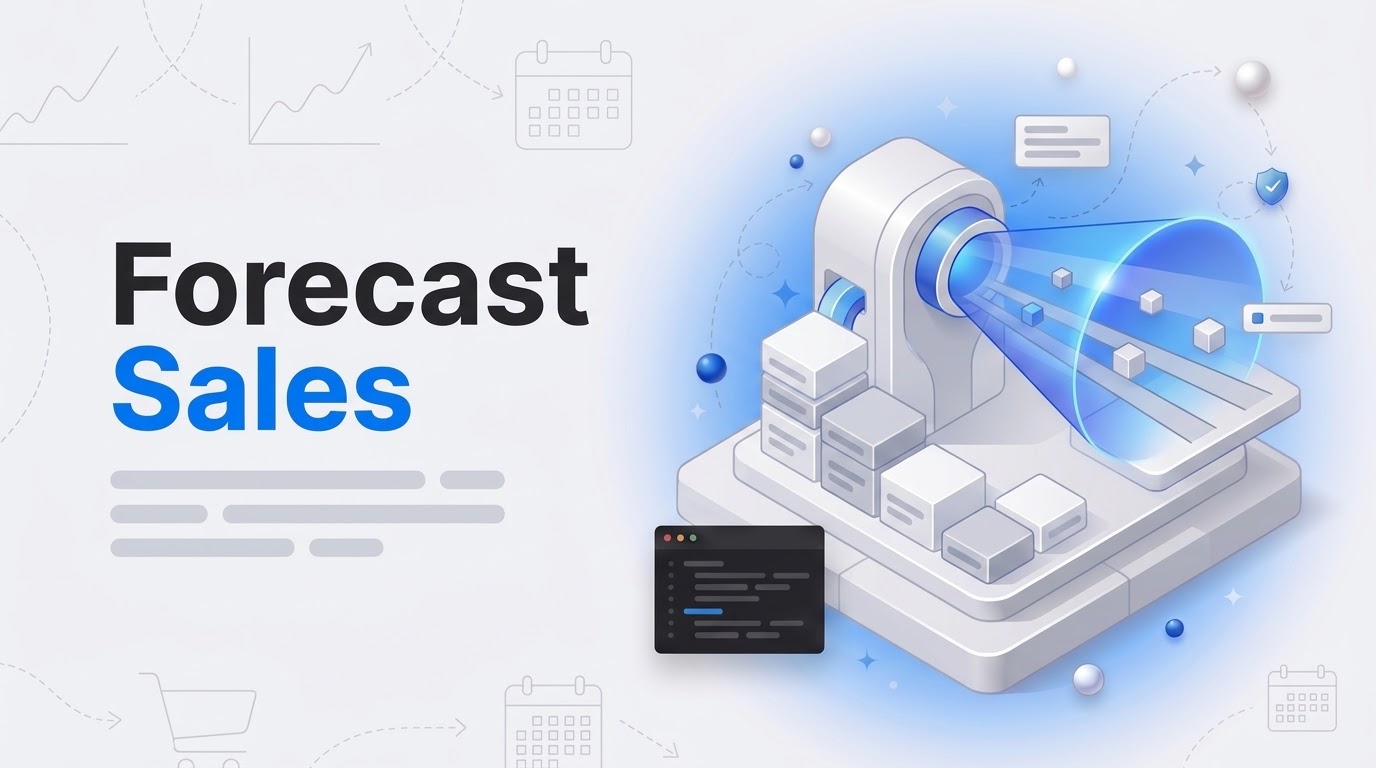 Text Forecast Sales beside an isometric machine projecting a blue forecast cone over stacked revenue blocks and dates.